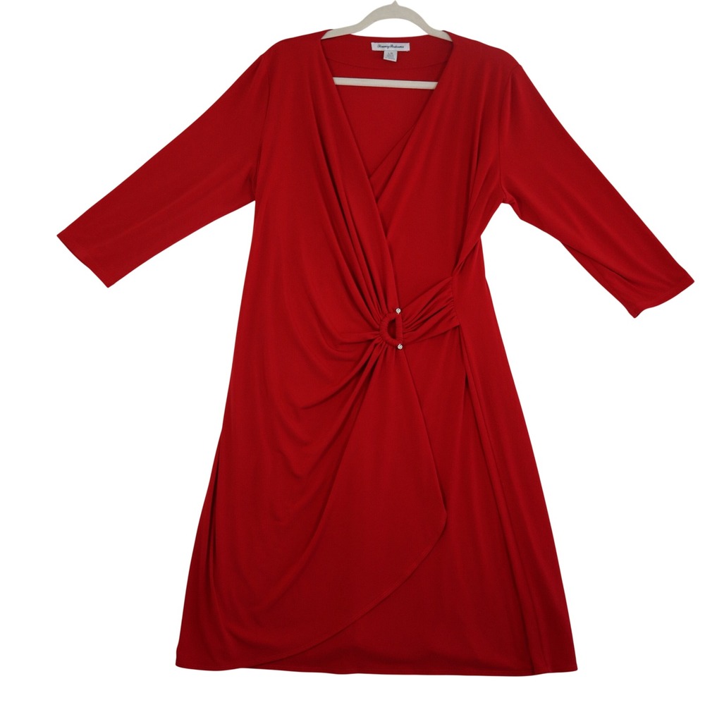 Tommy Bahama Midi Dress Large Red Faux Wrap Ruched Formal Evening Chic Work Mod